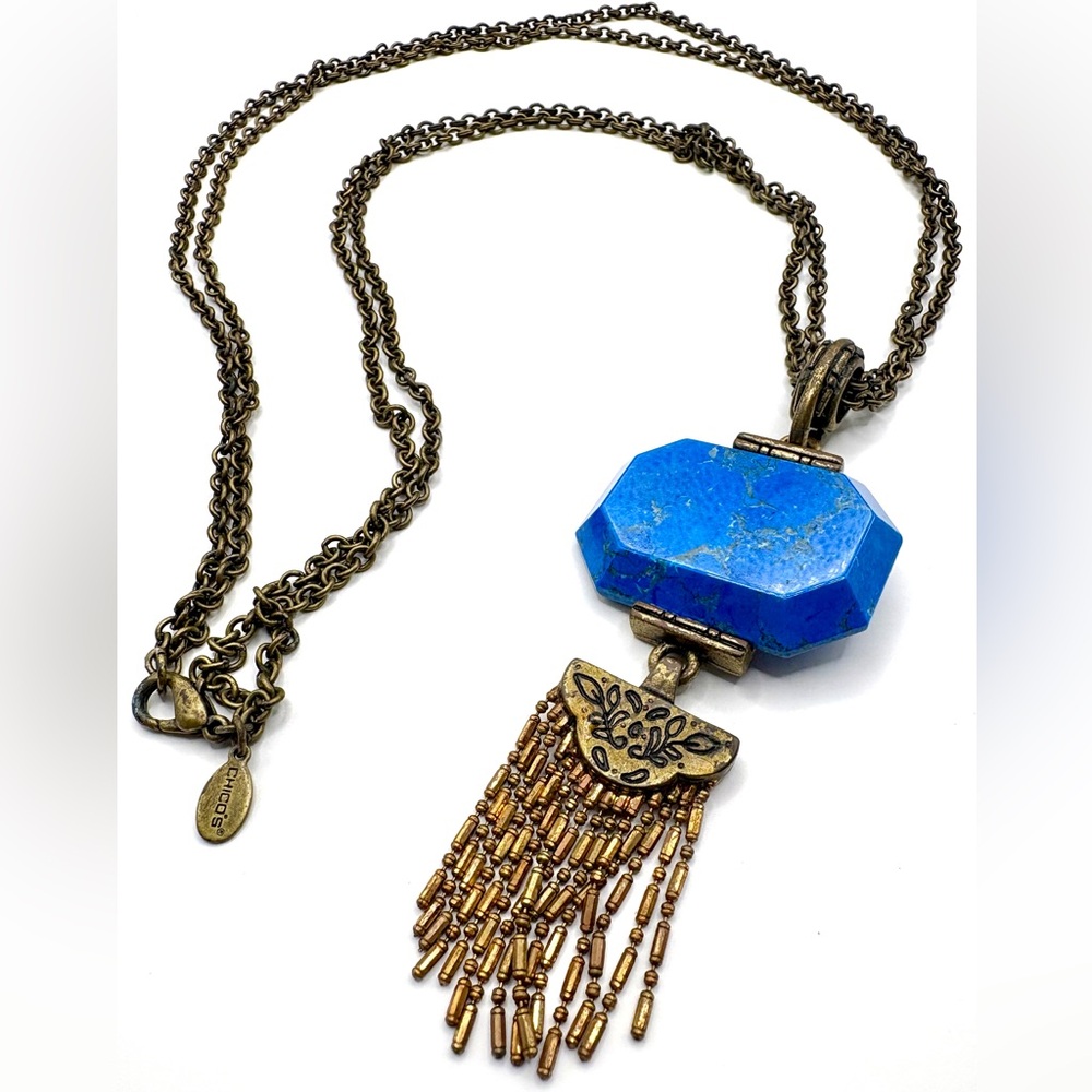 Vintage CHICO’S Royal Blue Stone Pendant Necklace w/ Antiqued Gold Fringe